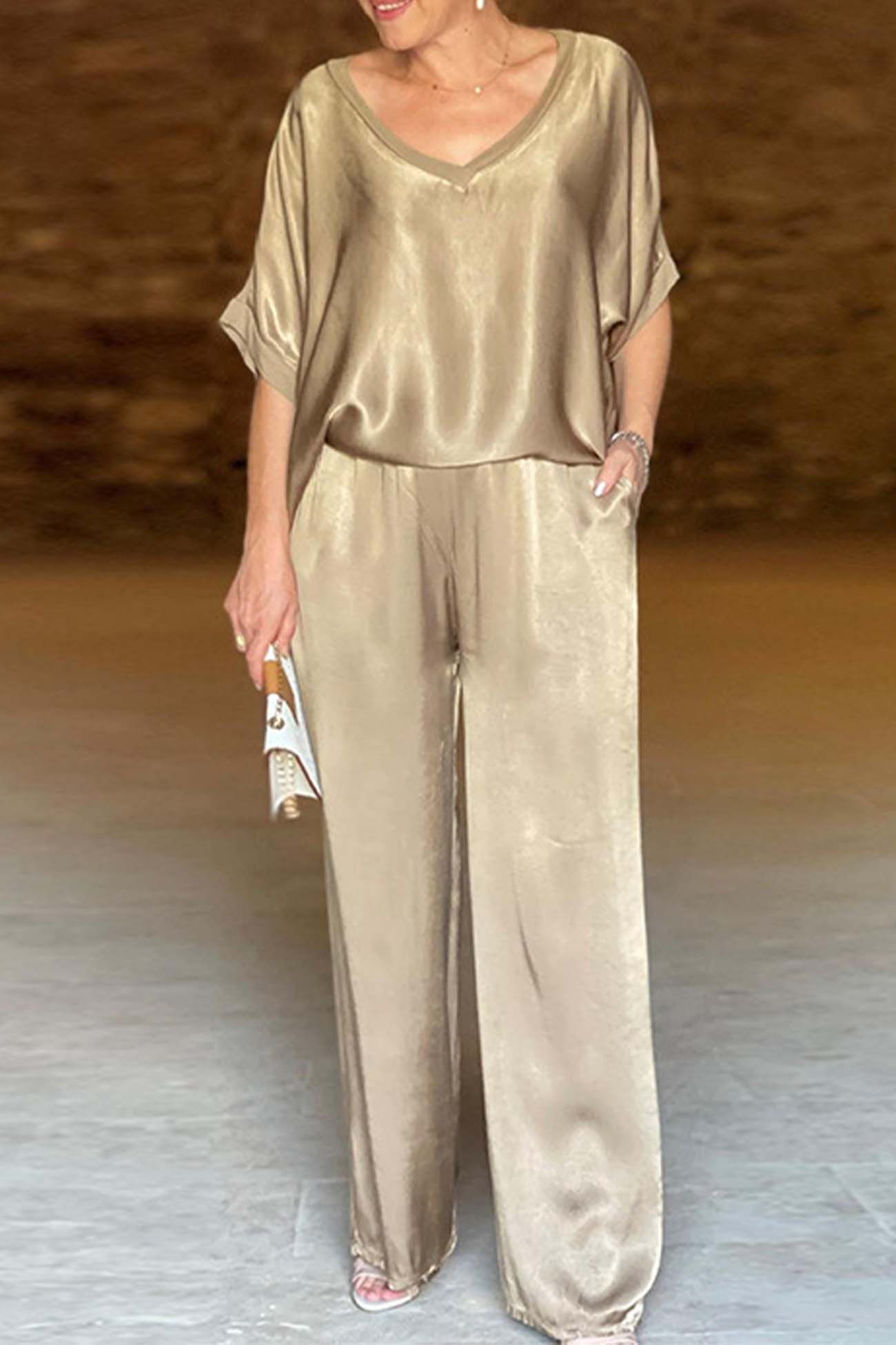 Satin V Neck Half Sleeve Long Pant Set
