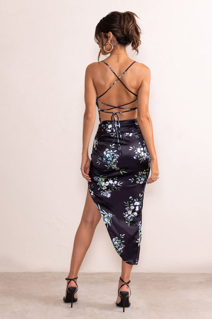 Lace Up Backless Cami Slit Midi Dress