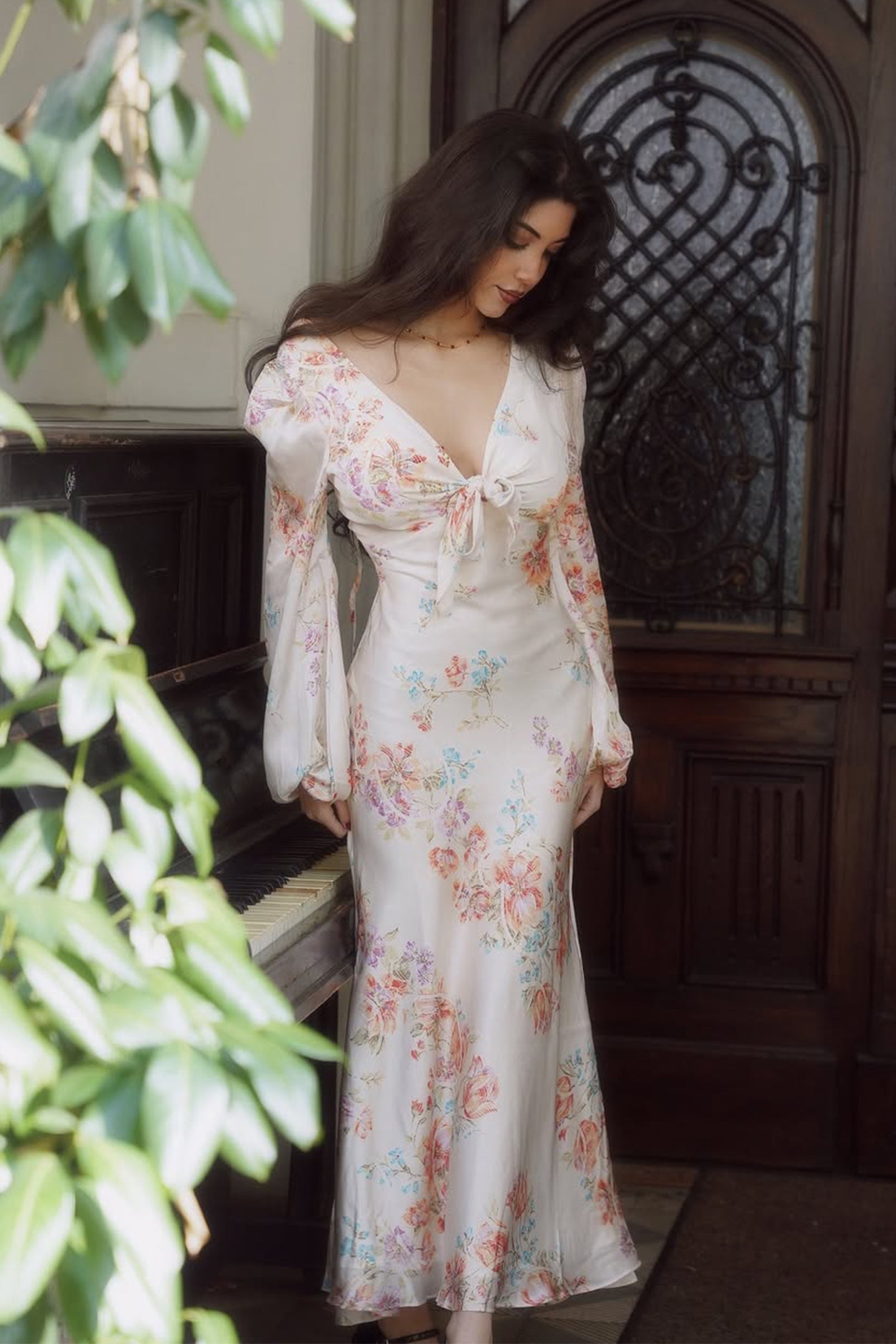 Melissa Print V-neck Satin Maxi Dress