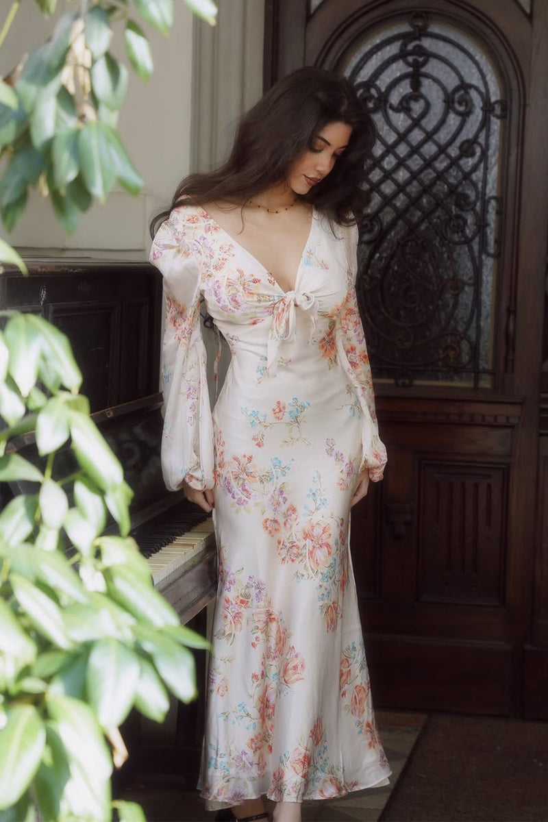 Melissa Print V-neck Satin Maxi Dress