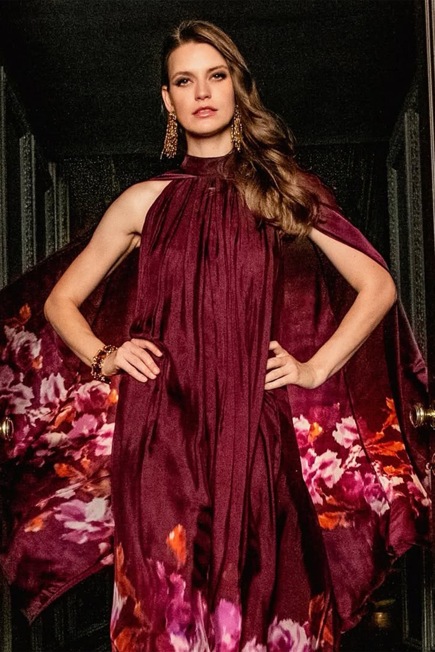 Sabrina Printed Cape Sleeve Maxi Dress