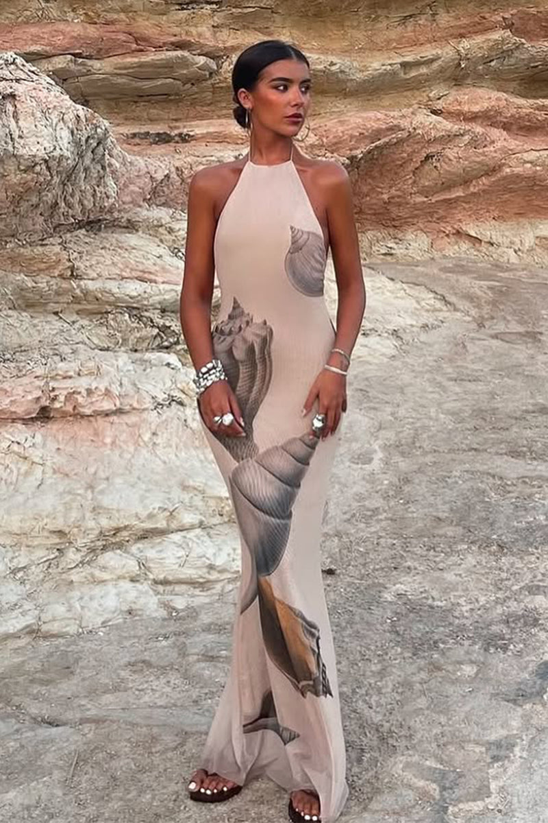 Octavia Shell Print Halterneck Maxi Dress