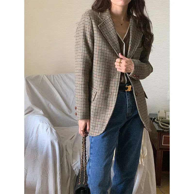 Wool Blends Coats Plaid Woolen Jacket Commute Blazer Korean Long Sleeve Outerwears Winter Overcoat