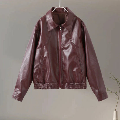 Pu Leather Jackets Coats Turn Down Collar Long Sleeve Zipper Female Motorcycle Top Coat Autumn Outwear