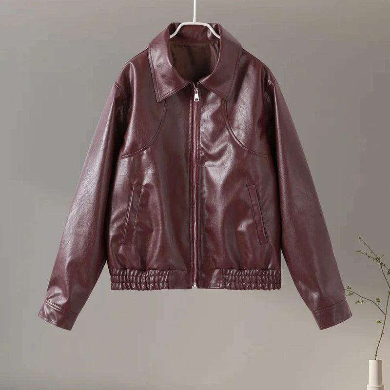 Pu Leather Jackets Coats Turn Down Collar Long Sleeve Zipper Female Motorcycle Top Coat Autumn Outwear