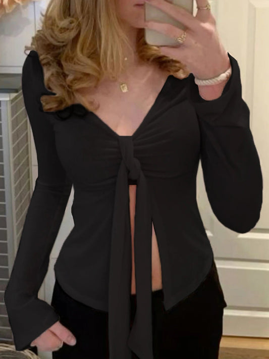 Black Tie V-neck Split Blouse Crop Top