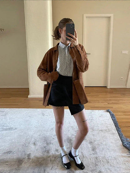 Suede Jackets Turn-down Collar Female Coat Autumn Single Breasted Lady Jacket Outwear
