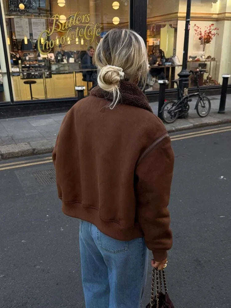 Coffee Lamb Wool Lapel Jackets for Zipper Long Sleeved Thicken Warm Coats New Female Winter