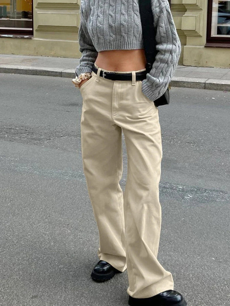 Khaki Classic Wide Leg Pant High Waist Pocket Loose Simple Trouser Autumn Winter Pants New