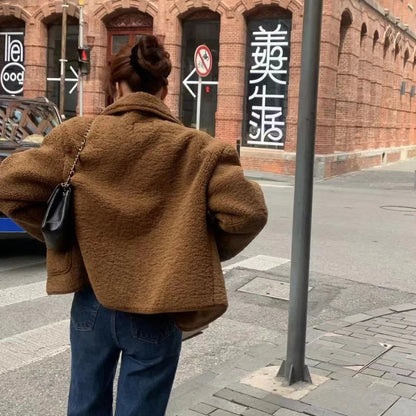Winter Sweet Plush Coat Lamb Fur Jacket Peter Pan Collar Single Breasted Short Outerwears