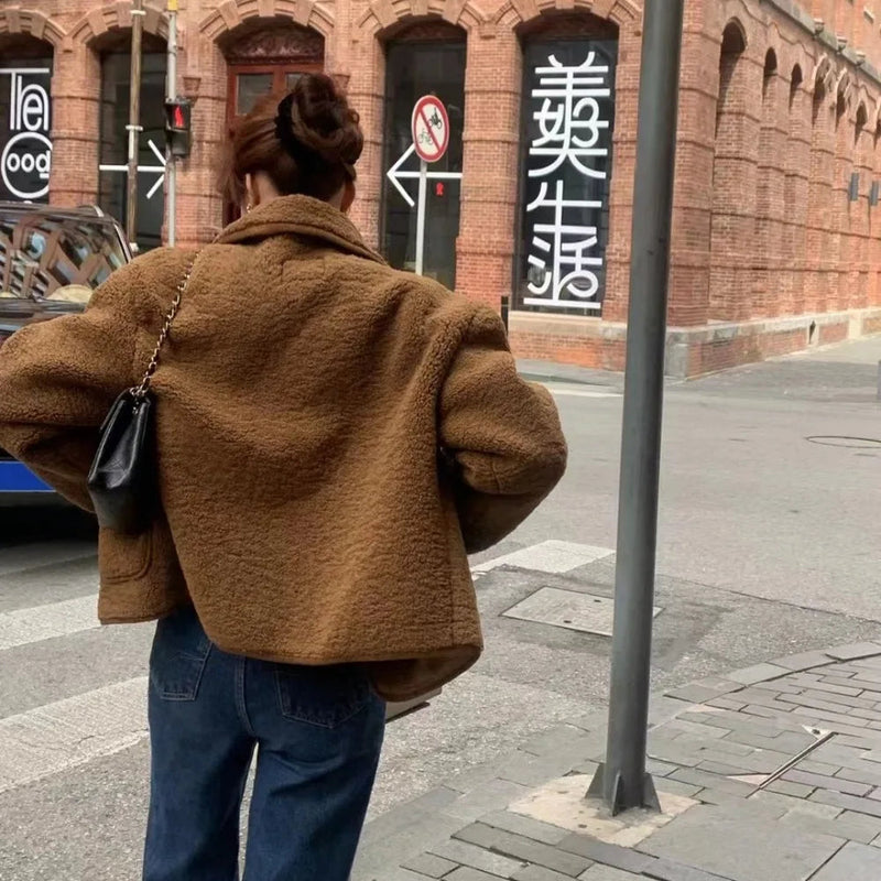 Winter Sweet Plush Coat Lamb Fur Jacket Peter Pan Collar Single Breasted Short Outerwears