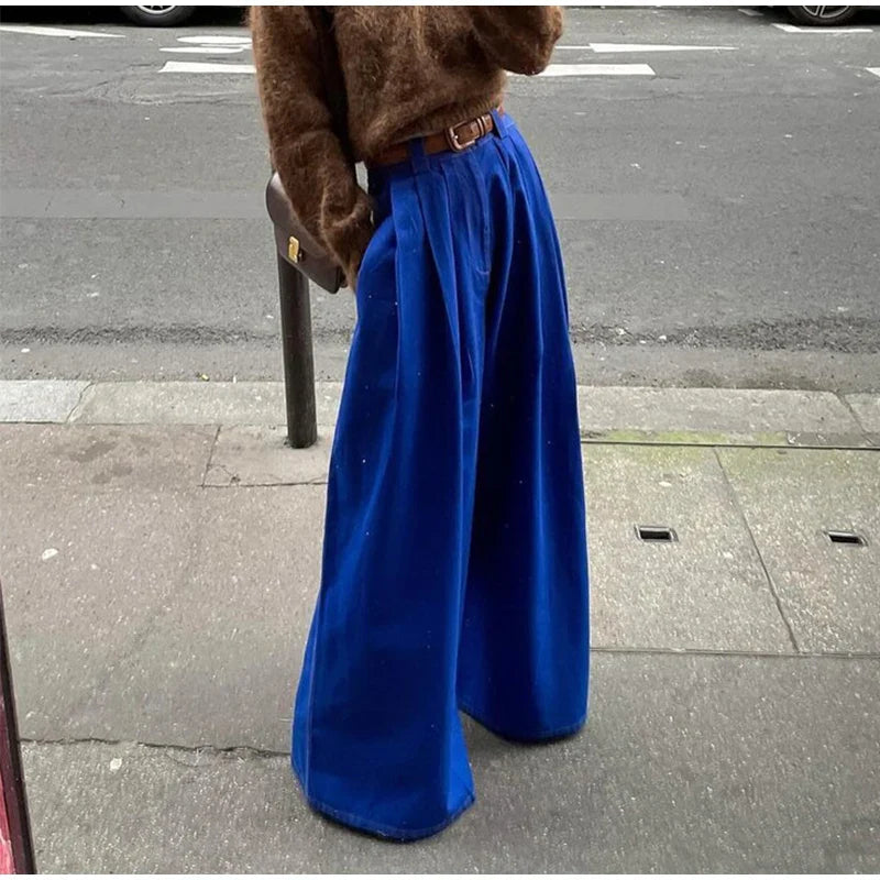 Wide Leg Pleated Pants for Loose High Waist Straight Striped Blue Street Pants Female Spring Street Trousers