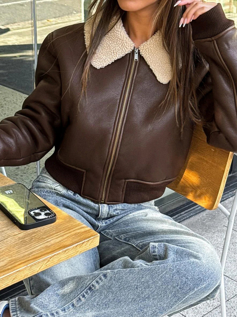 Patchwork Pu Leather Jackets Basic Turn-down Collar Long Sleeve Coats Autumn Winter Lady