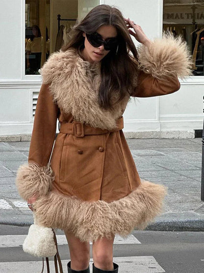 Suede and Fur Coat Plush Double Breasted Turn-down Collar Belts Thick Outerwear Warm Feather Overcoat