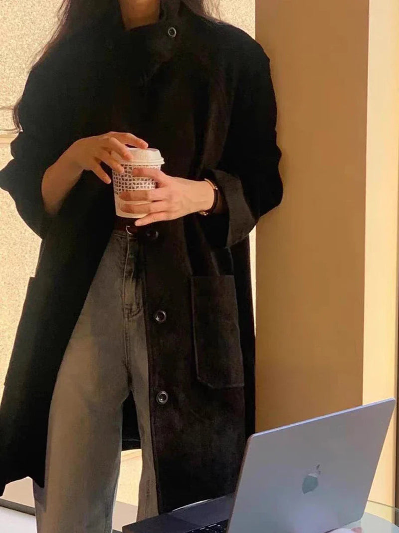 Color Corduroy Trench Coat Autumn Winter Single Breasted Stand Collar Long Outerwear Jacket