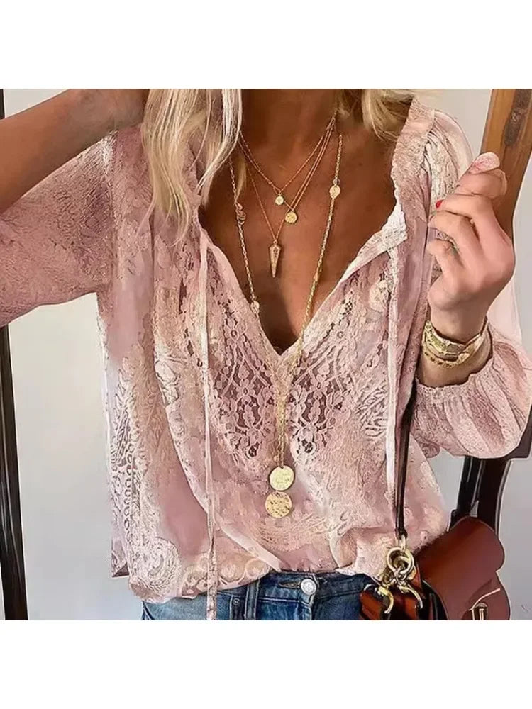 Button Lace-up Long Sleeve Blouse