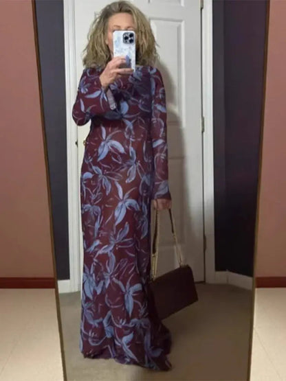 Retro Printed O-neck Holiday Dress Full Sleeve Waist-cinching Long Dresses Female Summer Street Vestidos