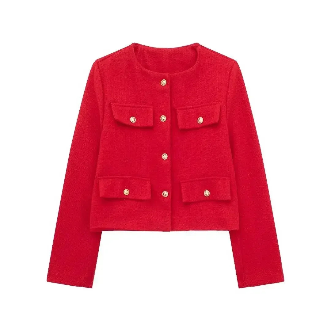 Button Fake Pocket Jacket O-neck Long Sleeve Single Breasted Cropped Coats New Lady Outerwear