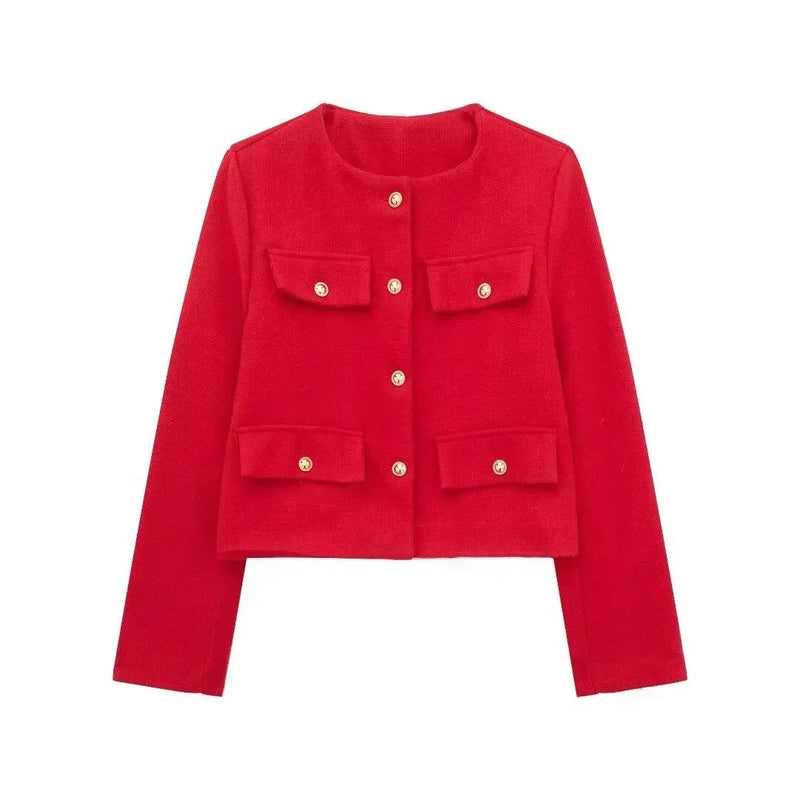 Button Fake Pocket Jacket O-neck Long Sleeve Single Breasted Cropped Coats New Lady Outerwear