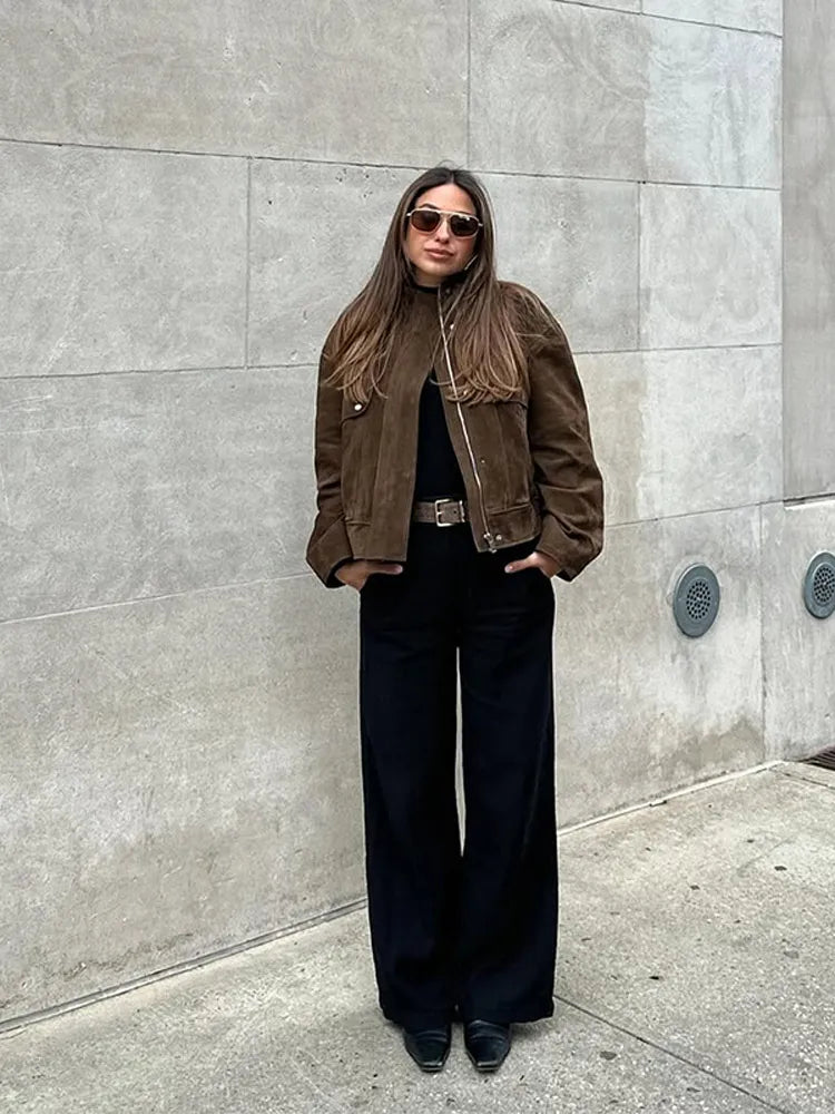 Zipper Suede Cargo Jacket Coat Button Lapel Maillard Slimming Workwear Leather Jackets Short Outwear Commute Overcoat