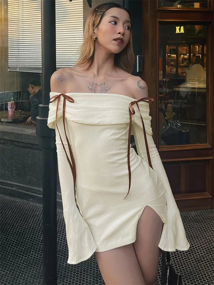 Backless Lace-up Slim Mini Dress Ribbed Long Sleeve Off-shoulder Summer Dress Female Party Dress New