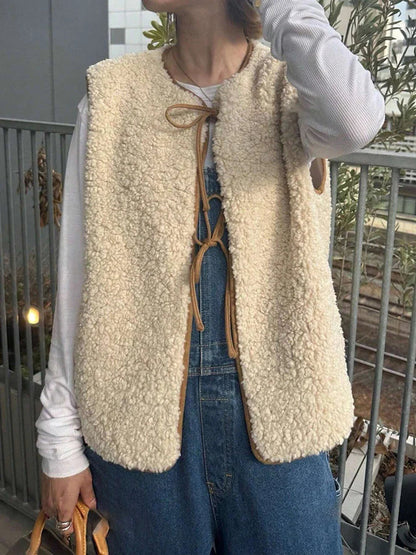 Winter New Fleece Vest Jacket Round Neck Lace-up Sleeveless Jackets Simple Waistcoat Outerwear
