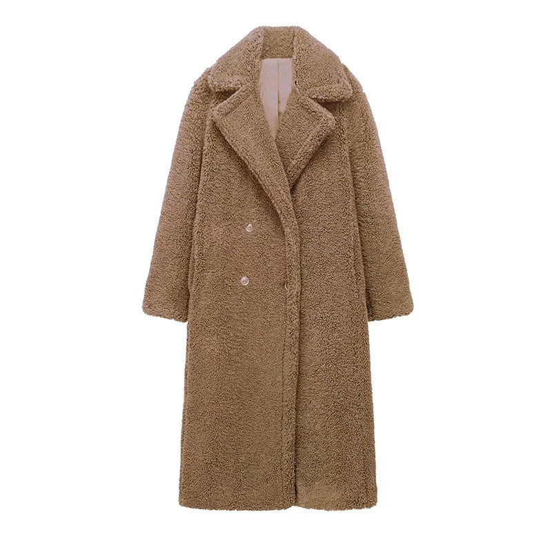 Thicken Warm Outwear Furry Double Breasted Loose Turn-down Collar Long Coat Female Winter Jackets