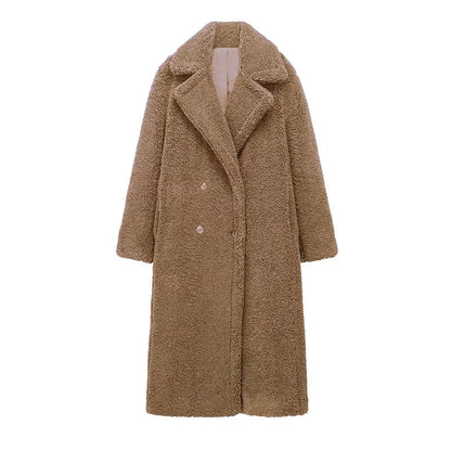 Thicken Warm Outwear Furry Double Breasted Loose Turn-down Collar Long Coat Female Winter Jackets