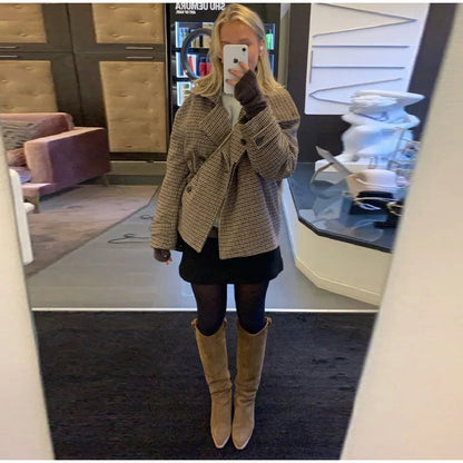 Plaid Double Breasted Street Coat Drop-shoulder Long Sleeve Stand Collar Loose Pocket Jacket Autumn Outwear