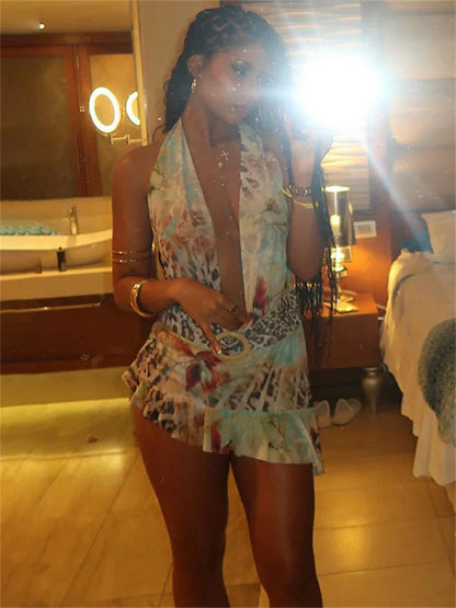Summer Colourful Leopard Print Halter Mini Dress Beach Outfit Deep V-neck Backless Irregular Party Dress