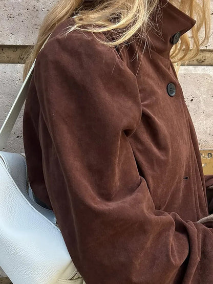 Retro Brown Suede Short Jacket Stand Collar Full Sleeves Single Breasteds Loose Coats Autumn Lady Street Wear