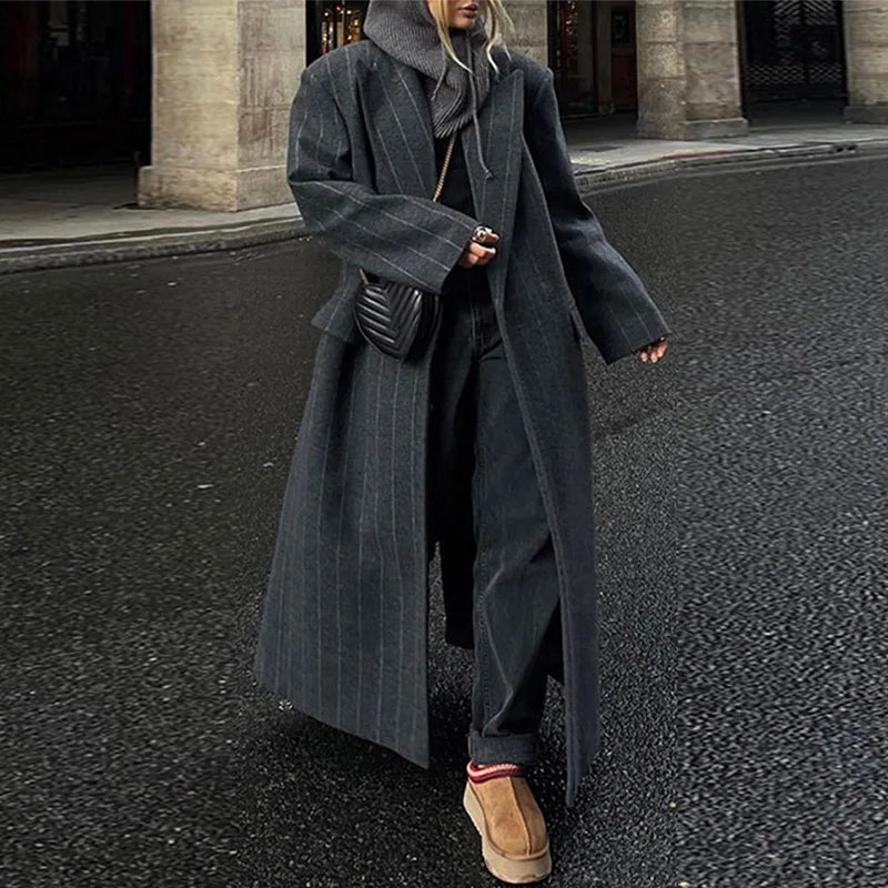 Gray Striped Long Coats Woolen Lapel Long Sleeve Back Split Loose Jackets Autumn Street Outwears