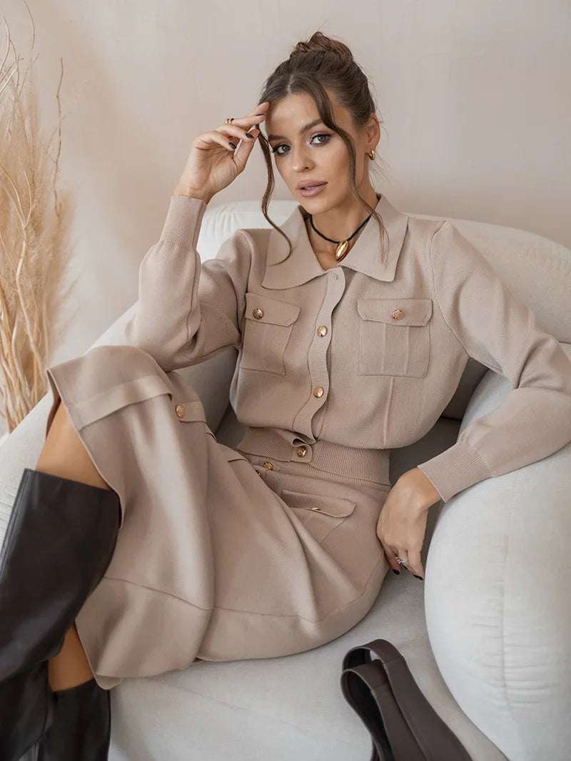 Knitted Slim-fit Two Piece Set - Khaki