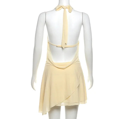 V-neck Mini Dress for Ruffled Backless Lace-up Patchwork Mesh Autumn New Slim Female Party Dress