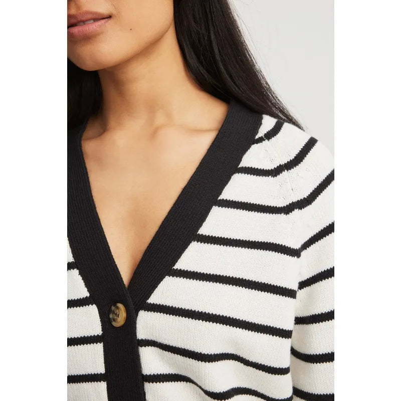 European and American Autumn and Winter New Versatile V-neck Striped Knitted Cardigan Sweater Striped Jacket