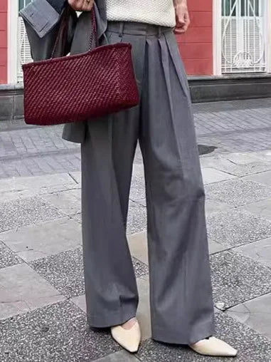 New Autumn Gray Straight Pant Cotton Blend Color High Wiast Loose Woman Trouser Simple Female Clothing New