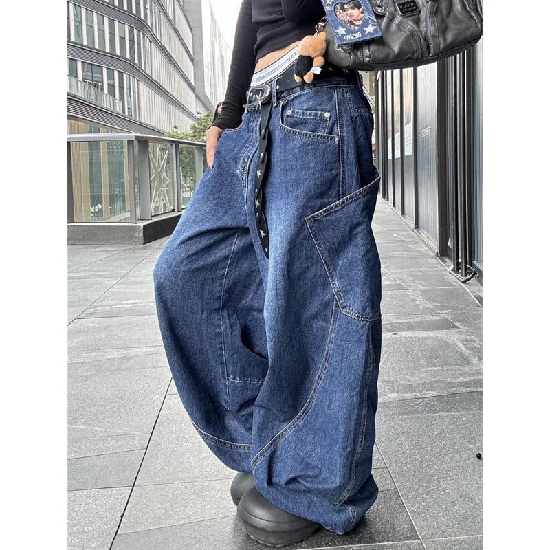 Blue Jeans Hip-hop Y2k Wide Leg Straight Jean High Waist Trouser Baggy Cargo Denim Pants