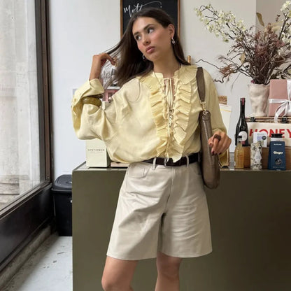 Chiffon Pleated Lace-up Blouse