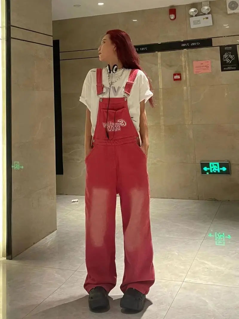 Y2k Kpop Pink Suspender Harajuku High Oversize Korean Hippie Pant