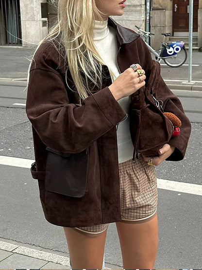 Lady Lapel Collar Pocket Woolen Short Coats Long Sleeve Loose Jackets Warm Winter