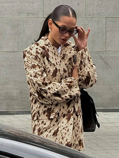 Leopard Print Woman Blazer Jacket Lapel Single Breasted Pockets Long Sleeve Coat Lady Fall Office Outerwear