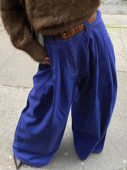 Wide Leg Pleated Pants for Loose High Waist Straight Striped Blue Street Pants Female Spring Street Trousers