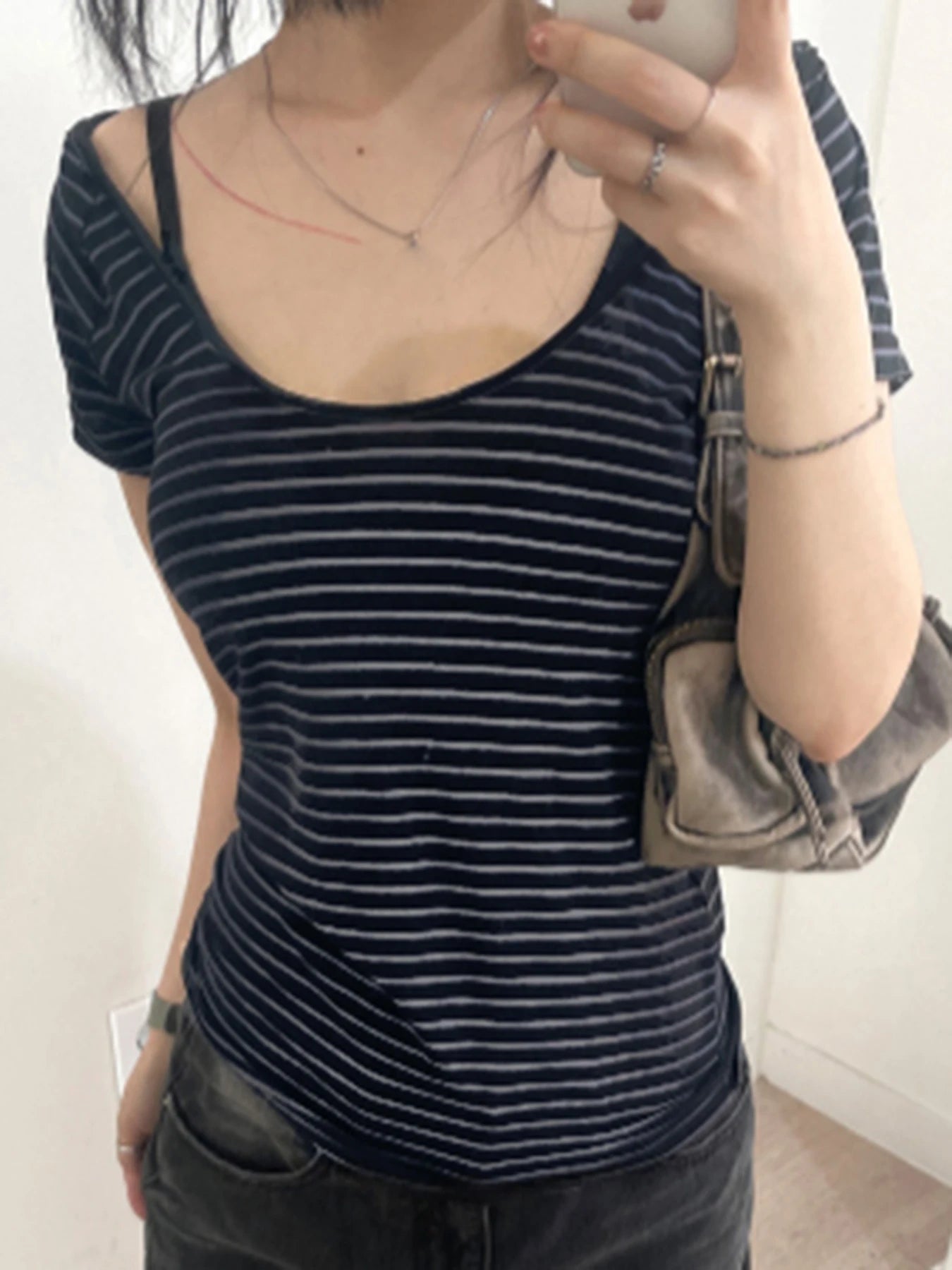 Striped Slim Fit Simple T-shirt Crop Top