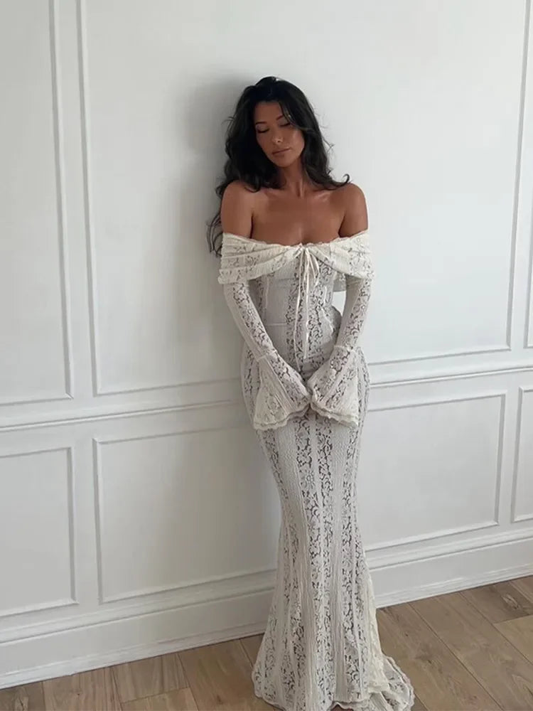 Hollow Lace Strapless Maxi Dress