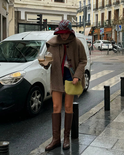Retro Striped Scarf Collar Wool Blends Jacket Pockets Single Breasted Full Sleeve Coat Lady New Outwear