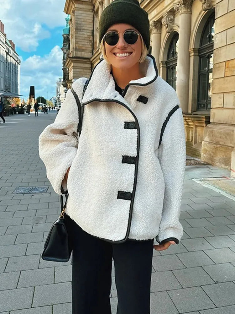 Plush Stand Collar Jackets Coat Lambwool White Single-breasted Pockets Jacket Female Autumn High Street Outwear