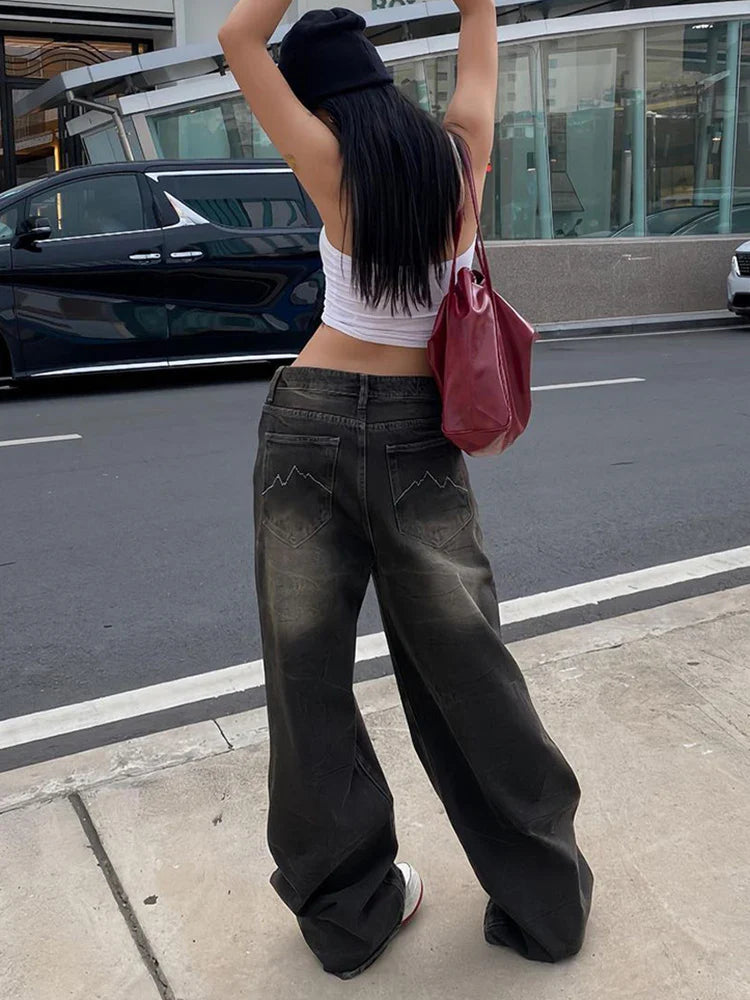 Jeans Harajuku Cargo Pants Y2k Denim Distressed Straight Wide Leg Trousers Female Korean