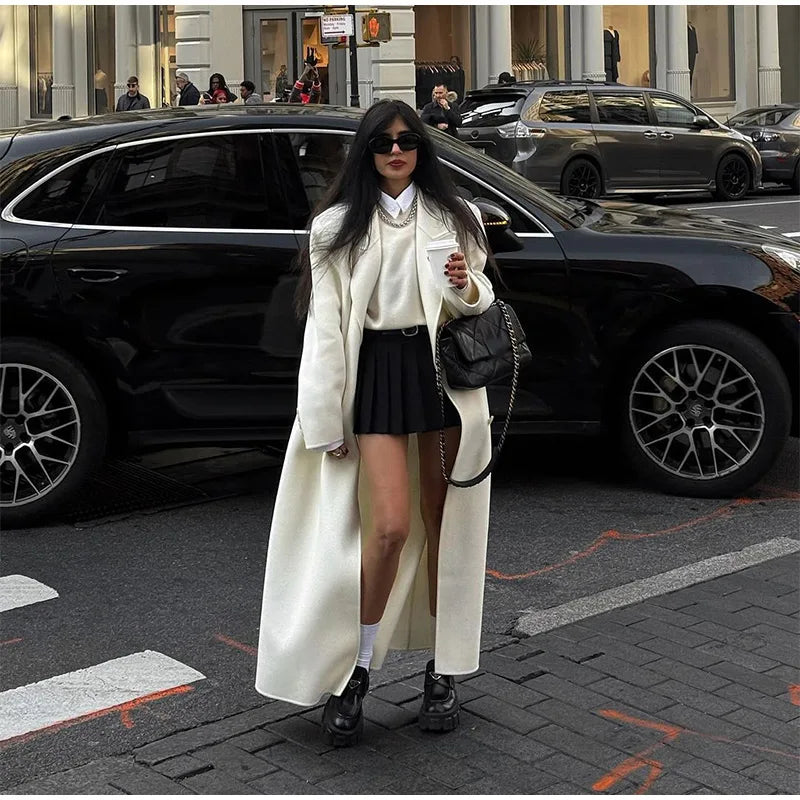 White Double Breasted Loose Woolen Coat Oversized Long Sleeve Overcoat Fall Winter New Outerwear