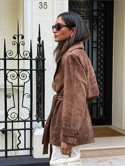 Autumn Lace Up Lapel Collar Suede Jacket Retro Double Breasted Long Sleeve Coat Lady Windbreaker