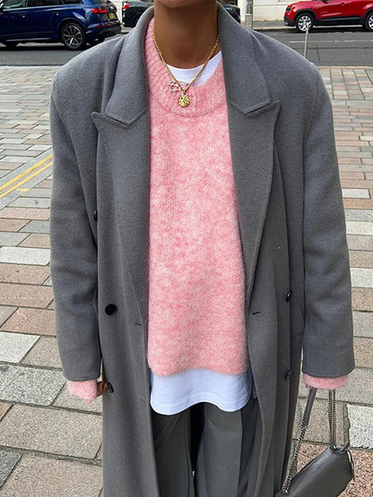 Oversize Pink Cashmere Base Sweater Long Sleeve Round Collar Pullover New Lady High